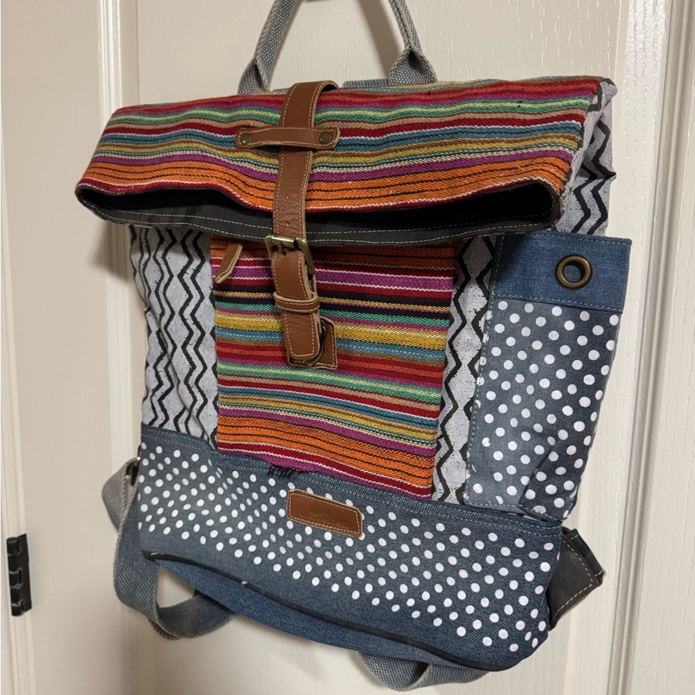 Multicolor Striped Women’s Backpack – Boho Casual Bag (Small Tear)